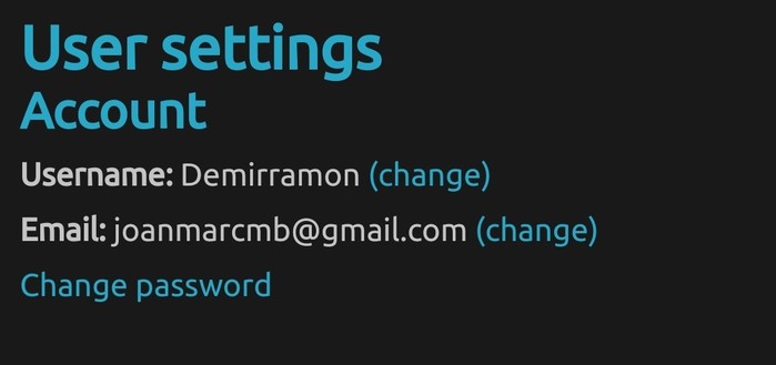 Screenshot of the top of the settings page on Demirramon.com. Text reads as follows:

User settings
Account
Username: demirramon (change)
Email: joanmarcmb@gmail.com (change)
Change password