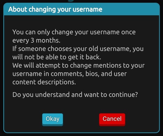 Popup that shows up upon clicking on the "change" link next to the username. It contains the following text:


About changing your username.

You can only change your username once every 3 months.
If someone chooses your old username, you will not be able to get it back.
We will attempt to change mentions to your username in comments, bios, and user content descriptions.

Do you understand and want to continue?