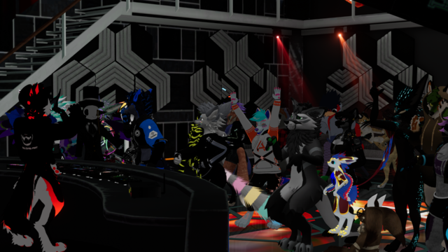 Another 3rd person picture fro, behind the stage, showing the DJ (TafelpootVR) on it. I'm in the middle of the crowd, raising my hands with a happy expression and glowing red.