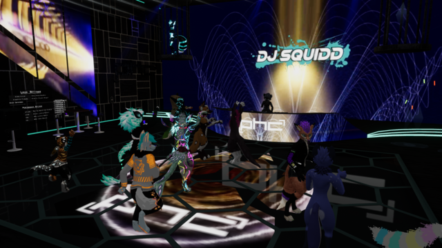 Another 3rd person picture of PHC. The dance floor and the stage with DJ Squidd on it can be seen. Some people dancing on the dance floor. I'm on the back, dancing and glowing orange with a happy expression.