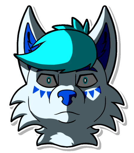 Headshot of my fursona Demi (babyblue folf with cyan hair and three blue triangles under each eye) looking directly at the viewer with a blank stare and dramatic shading over half of its face.