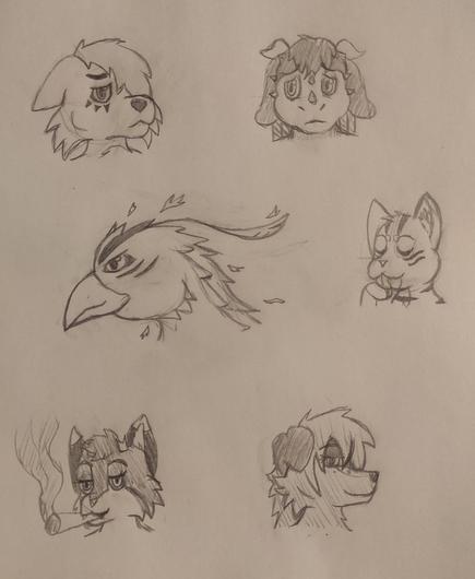 Picture of 6 traditional headshot sketeches.

From left to right, then up to down: Demi (male folf with a sad expression, hair covering half of his face), Victor (male goat-dragon with a worried expression), a phoenix, Kean (male toyger cat licking his paw with his eyes closed), Mush (female red panda with tiny goat horns, smoking a fat blunt), and Kitka (female australian shepherd).
