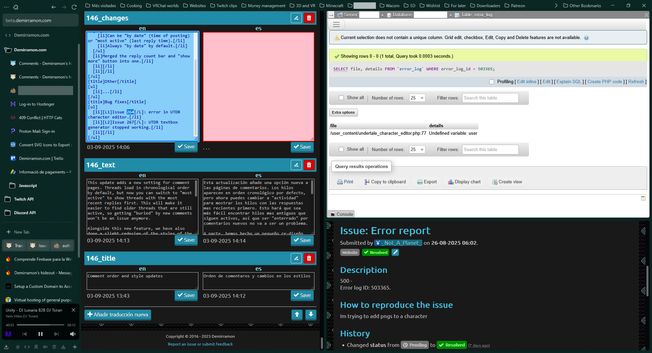 Screenshot of Zen Browser. Tabs are displayed vertically on the left, and the main section is split into three parts: one column with my website's translation editor and another column with PHPMyAdmin on top and a bug report below.