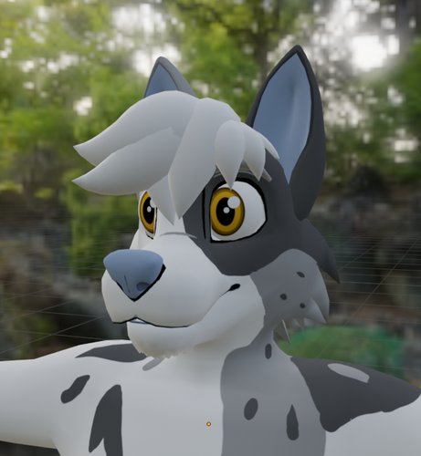 Screenshot of the head of a 3D model of an anthro border collie with blue-ish nose and inner ears. He has cartoony white hair.