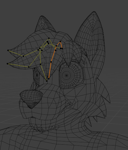 Same as the previous in wireframe mode, showing the paths that make up the hair.