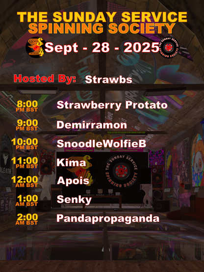 Sunday Service event poster. It starts at 8 PM BST and lists the following DJs: Strawberry Protato, Demirramon (THAT'S ME!!!), SnoodleWolfieB, Kima, Apoia, Senky, and Pandappropaganda.