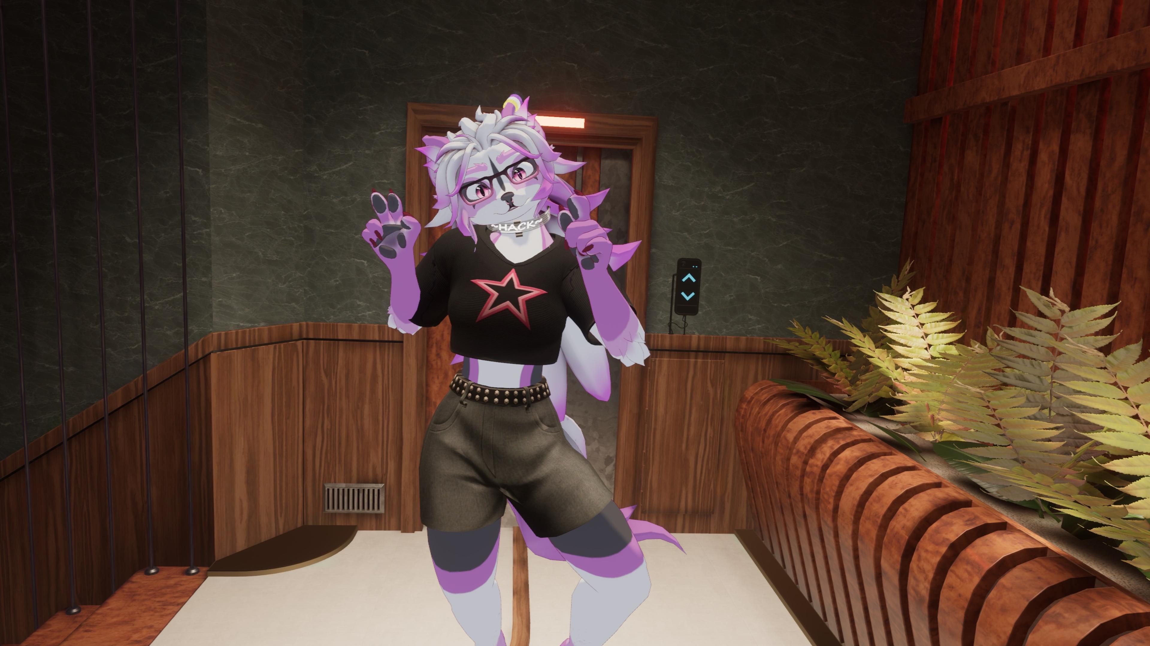 A pink and white anthropomorphic fox with glasses poses playfully in a stylish environment. The character wears a black shirt with a red star, a studded belt, and shorts. The background features wood paneling and ferns.