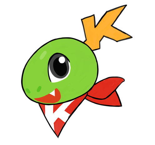 Drawing of Konqi's head, KDE Plasma's mascot. They're a green lizard with K-shaped horns and a red bandanna with a white K on it.