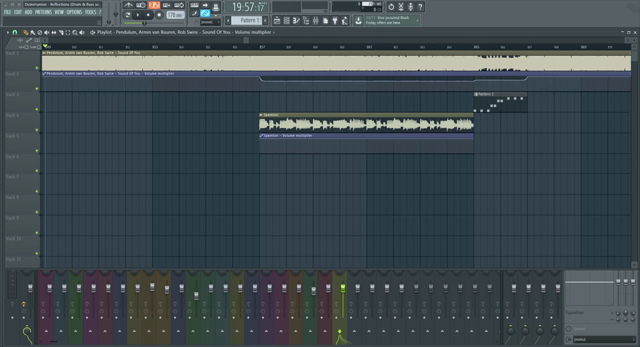 Screen recording of FL Studio. "Sound of You" by Pendulum plays, and then "Spamton" from Deltarune mixes with it. By the end, Spamton voice blips are added.