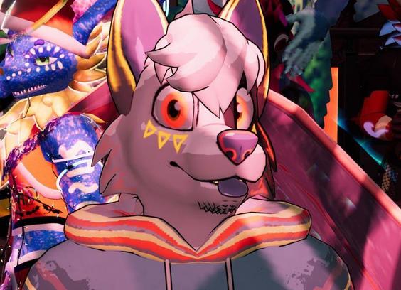 Closeup picture of my avatar's face at PHC, blepping and looking at the camera.
I'm using an avatar of Goober, my blue merle border collie character. He wears a pale blue crop hoodie. There are also glowing stripes and shapes over the body and clothes.