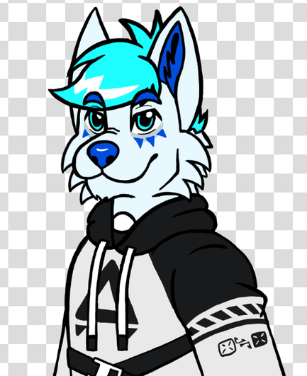 Drawing of my fursona turning his head around to look at the viewer. He's a babyblue folf with cyan eyes and hair and blue nose, eyebrows, inside of the earsm and three triangles below each eye. He's wearing a black and white techwear-style hoodie.