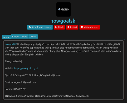 User profile on my website. The bio is written in Vietnamese, and it contains links to gambling scam websites.