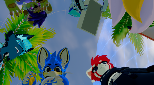 VRChat picture taken from the ground with the faces of 6 people poling from the sides, mostly looking down or at each other (except me, distracted with a print).