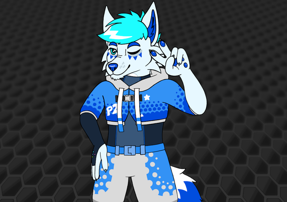 Digital drawing of my fursona Demi, a babyblue folf with aqua and blue markings, wearing a 2000s gaming-inspired suit. The top part is a half-unzipped blue crop hoodie with short sleeves, decorated with darker dots on the lower half and some white decals. The bottom are white shorts with blue parts, which are decorated with white dots. Under the clothing, he also wears a dark full-body suit. This suit also covers his right sleeve. He's winking and doing a victory pose with his left hand.